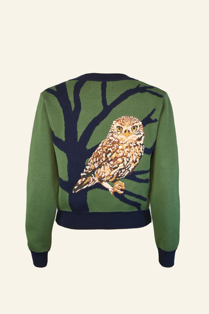 Green Owl Embroidered and Jacquard Vera Cardigan by Palava