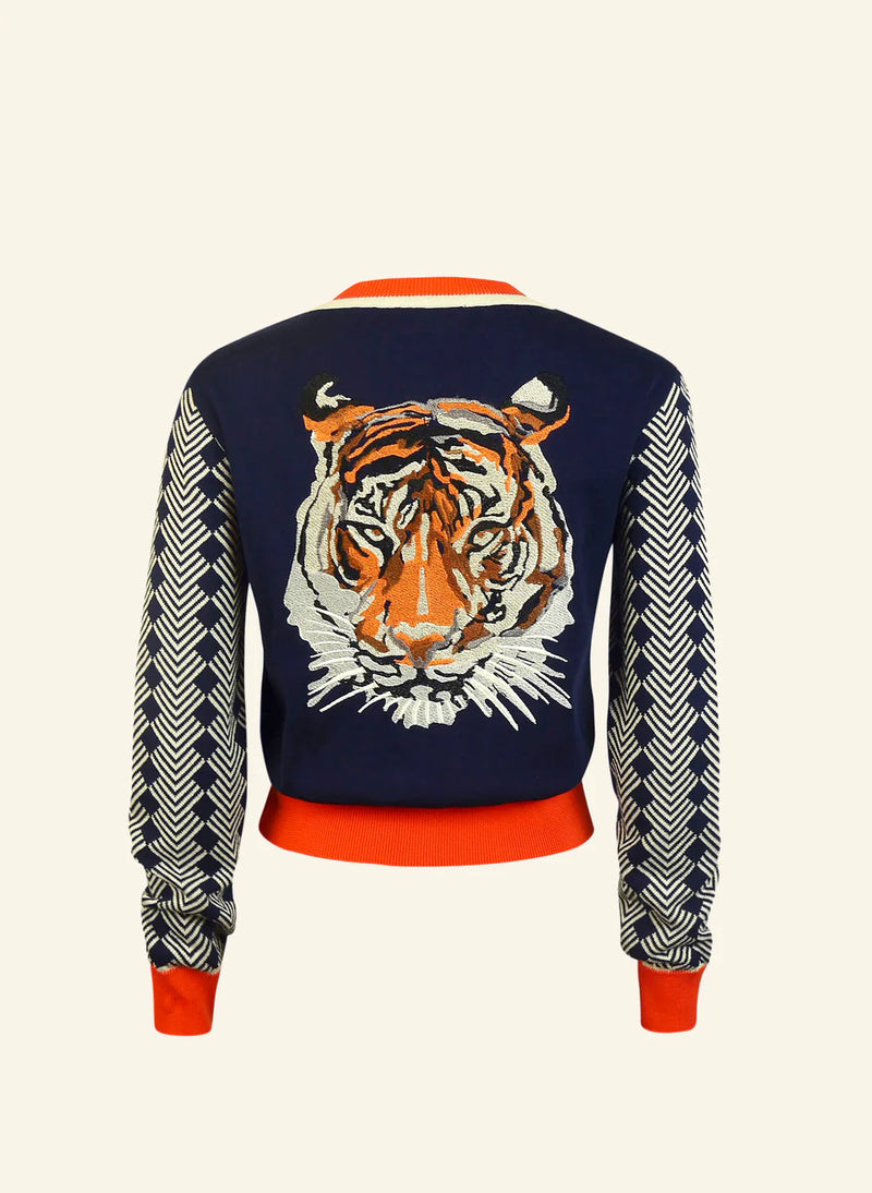 Navy and Coral Embroidered Tiger Vera Cardigan by Palava