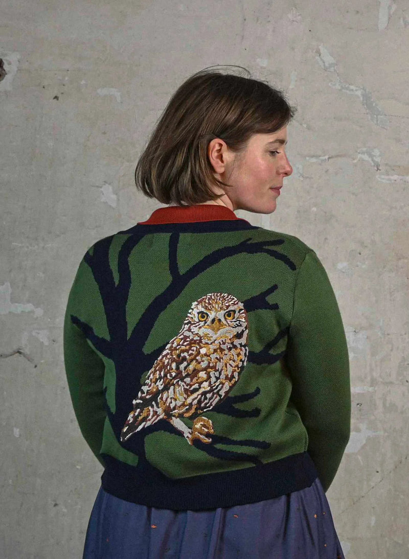 Green Owl Embroidered and Jacquard Vera Cardigan by Palava