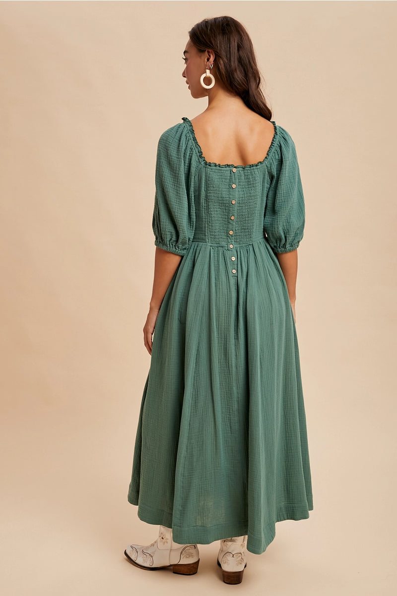 Cotton Square Neck Maxi Dress in Evergreen