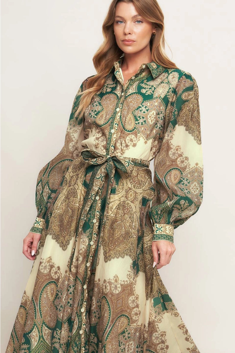Green and Gold Paisley Maxi Dress Large