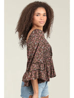 Brown Floral Bell Sleeve Top by Angie