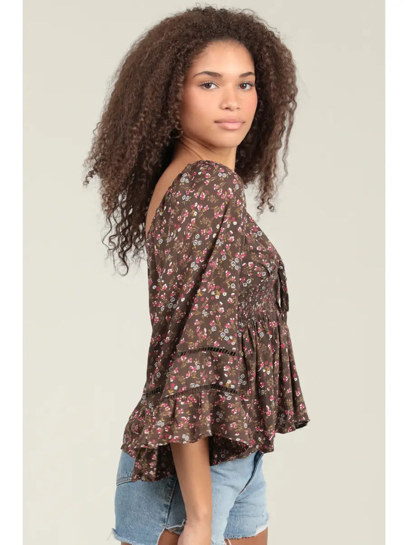 Brown Floral Bell Sleeve Top by Angie
