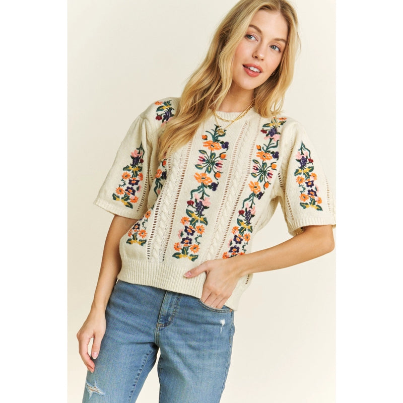 Ivory Embroidered Short Sleeve Sweater