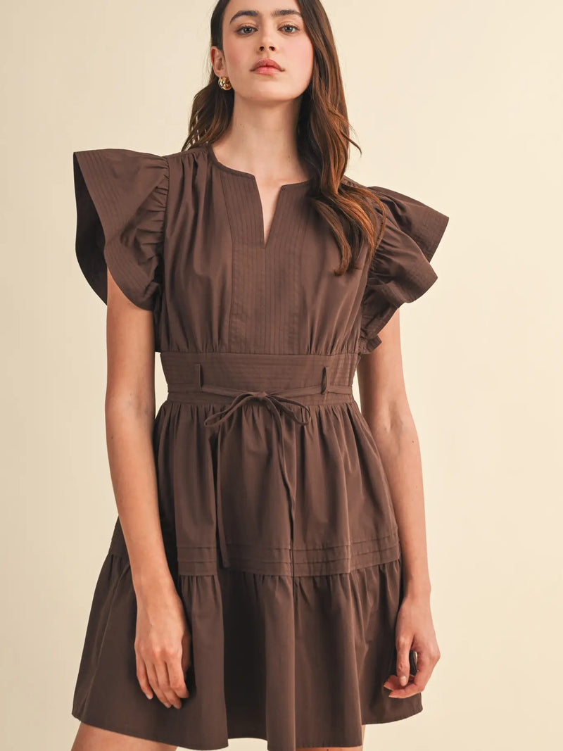 brown mini ruffle dress Trendy, Chic Women's Clothing Boutique Beige Botany Brown Striped Ruffle Mini Dress for Women, Viscose, Nylon, Linen, M Lane 201