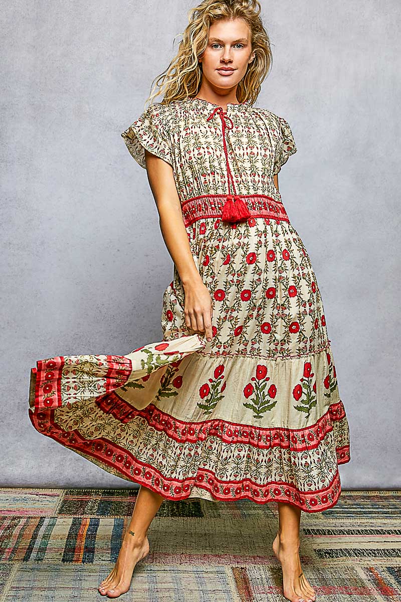 Floral Flowy Block Printed Maxi Dress by POL Clothing Large