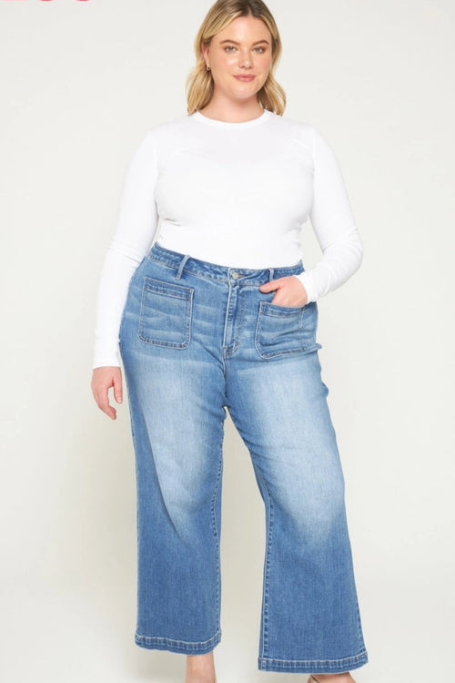 Patch Pocket Cropped Wide Leg Jeans by Mica Denim