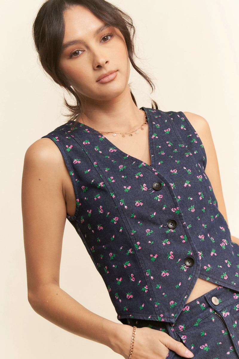 Denim and Floral V-Neck Vest