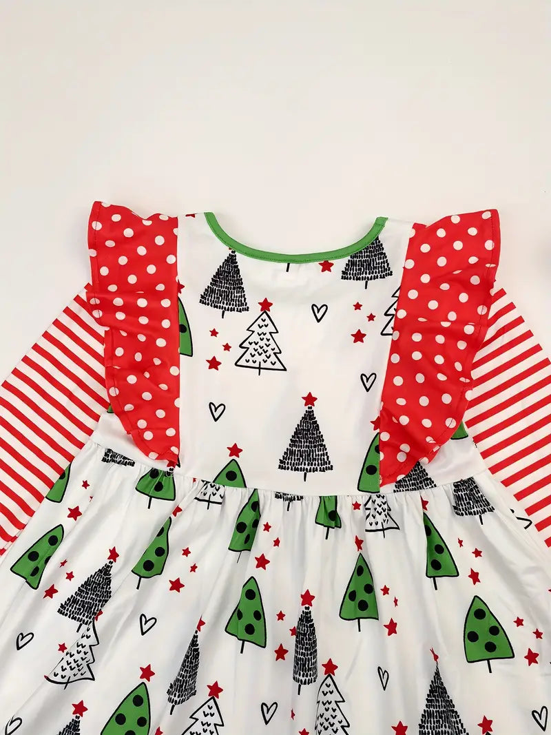 Kids Ruffle Shoulder Christmas Tree Dress