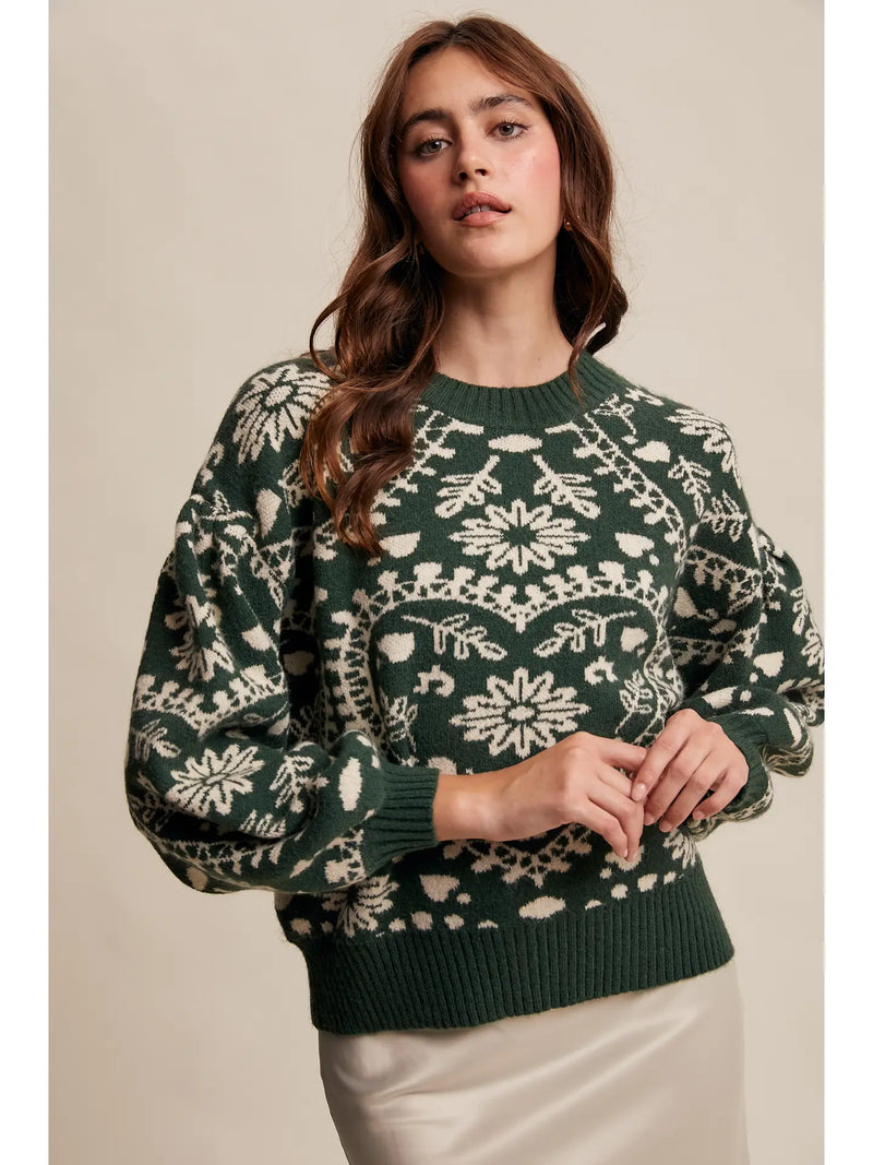Heart Jacquard Green Knit Sweater