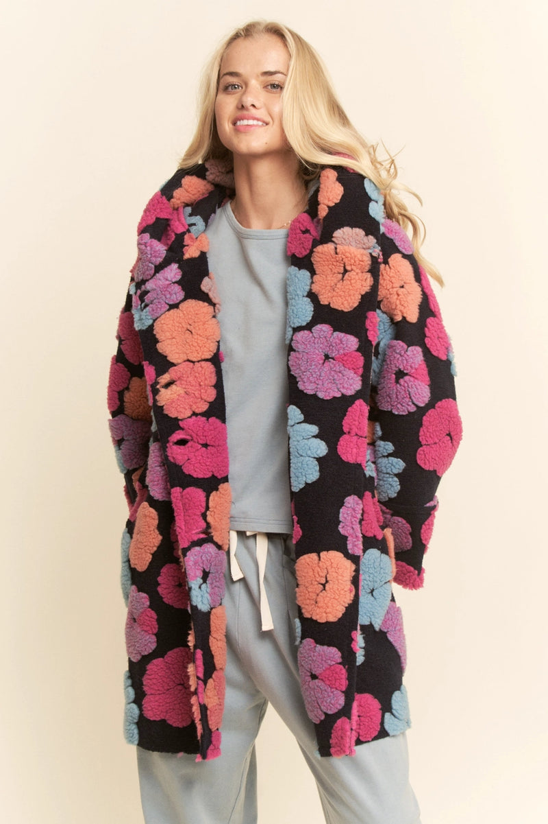 Navy Hoodie Jacket with Fluffy Flowers