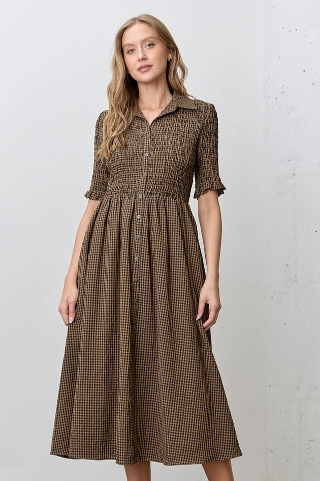 Navy and Brown Gingham Midi Dress