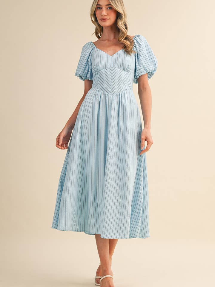puff sleeve blue midi dress Light Blue Puff Sleeve Tie Back Midi Dress – Modern Millie