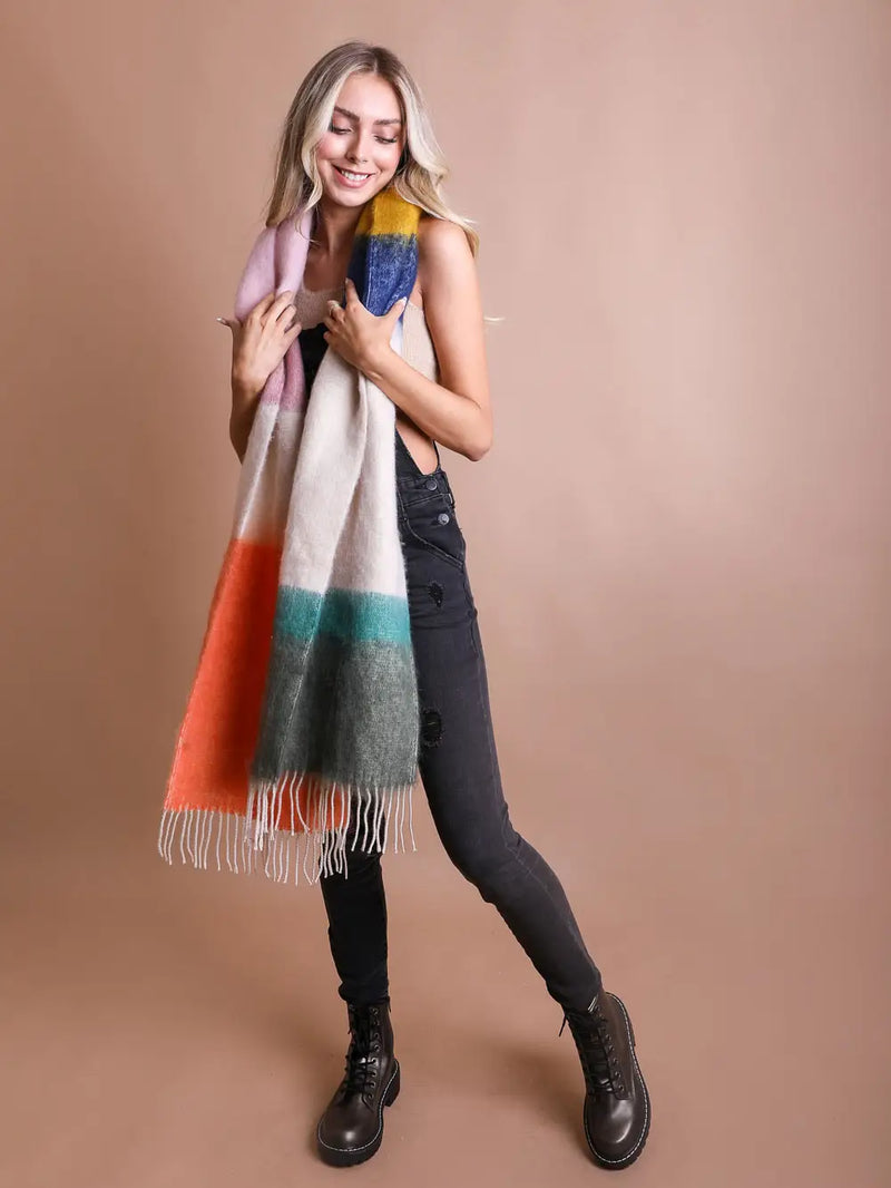 Orange and Green Oversized Color Block Tassel Trimmed Scarf