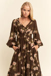 Brown Floral Long Sleeve Midi Dress