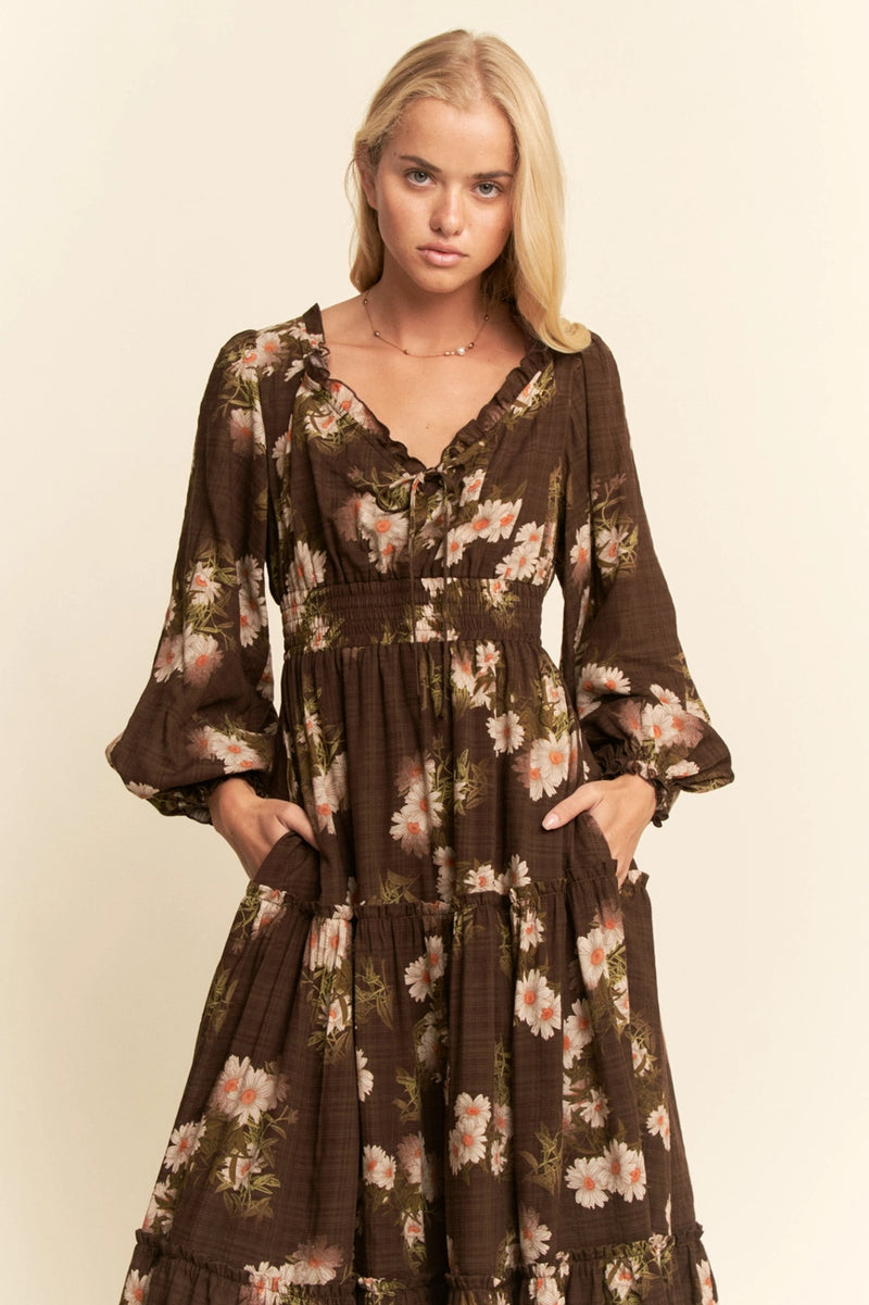 Brown Floral Long Sleeve Midi Dress