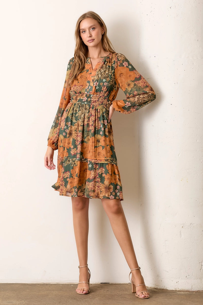 Green and Orange Floral Mini Dress