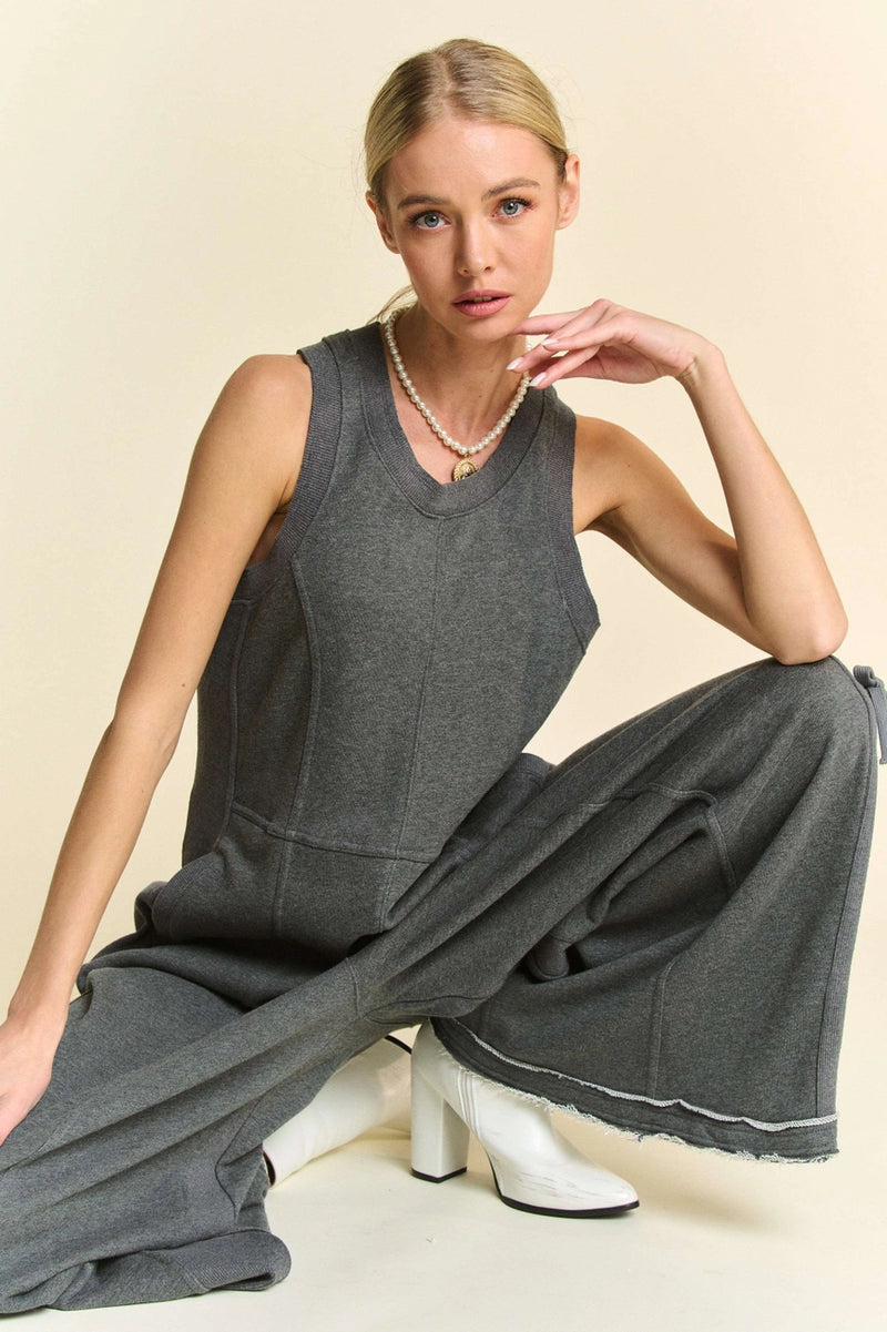 French Terry Wide Leg Jumpsuit in Charcoal