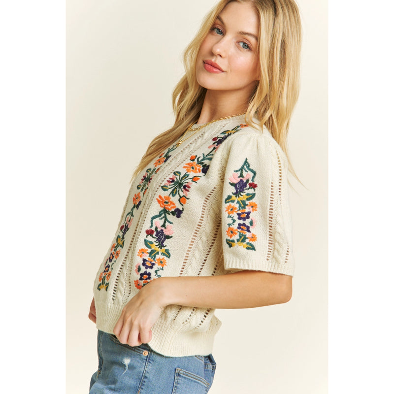 Ivory Embroidered Short Sleeve Sweater
