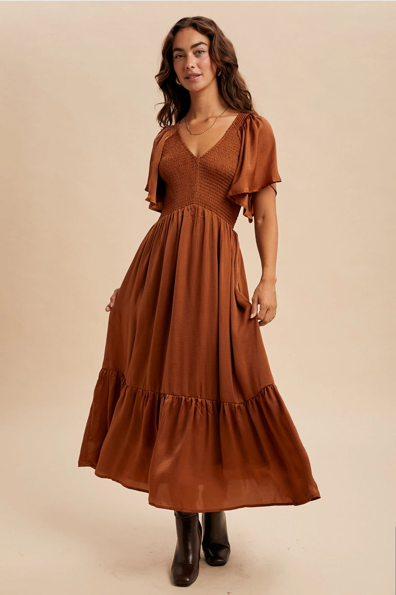 Sepia Smocked Satin Midi Dress