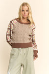 Mocha Brown Cable Knit and Granny Squares Pullover Sweater