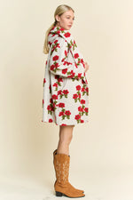 Ivory Hoodie Jacket with Red Flowers