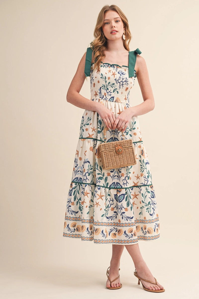 midi shoulder tie dress Green Shell Print Tie-Shoulder Midi Dress – Modern Millie