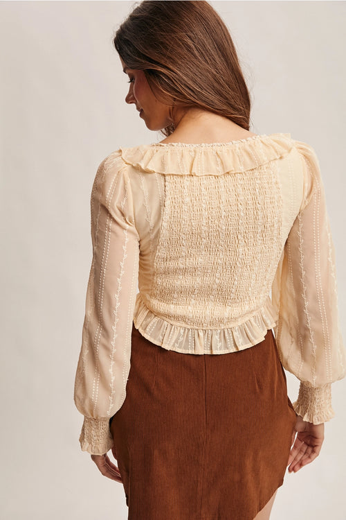 Lace Up Smocked Top in Ecru