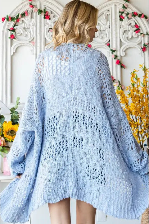 45R☆フロートケーブルのニットソーチュニック/サックスブルー♪ Blue Crochet Long Open Cardigan – Modern Millie