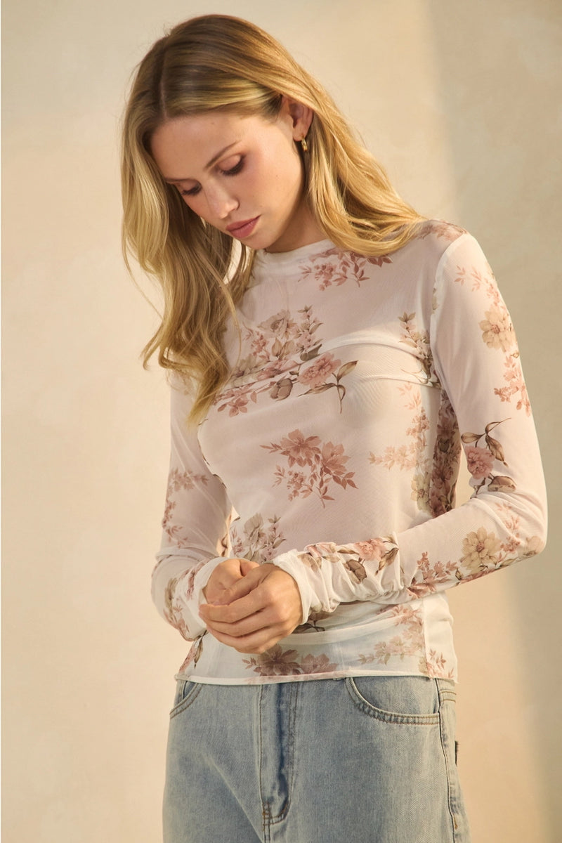 Ivory Floral Mesh Long Sleeve Mock Neck Sheer Top
