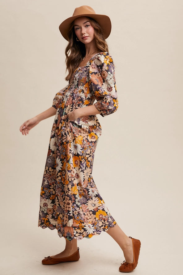 Charcoal Fall Floral Smocked Maxi Dress Small