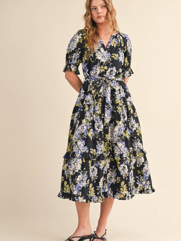 Black Floral Belted Midi Dress – Modern Millie