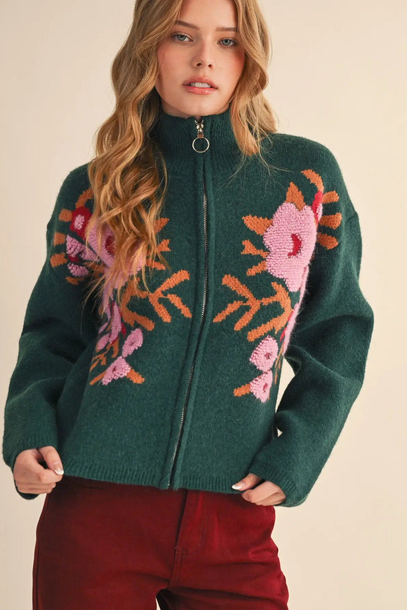 Green and Pink Floral Zip Front Cardigan – Modern Millie