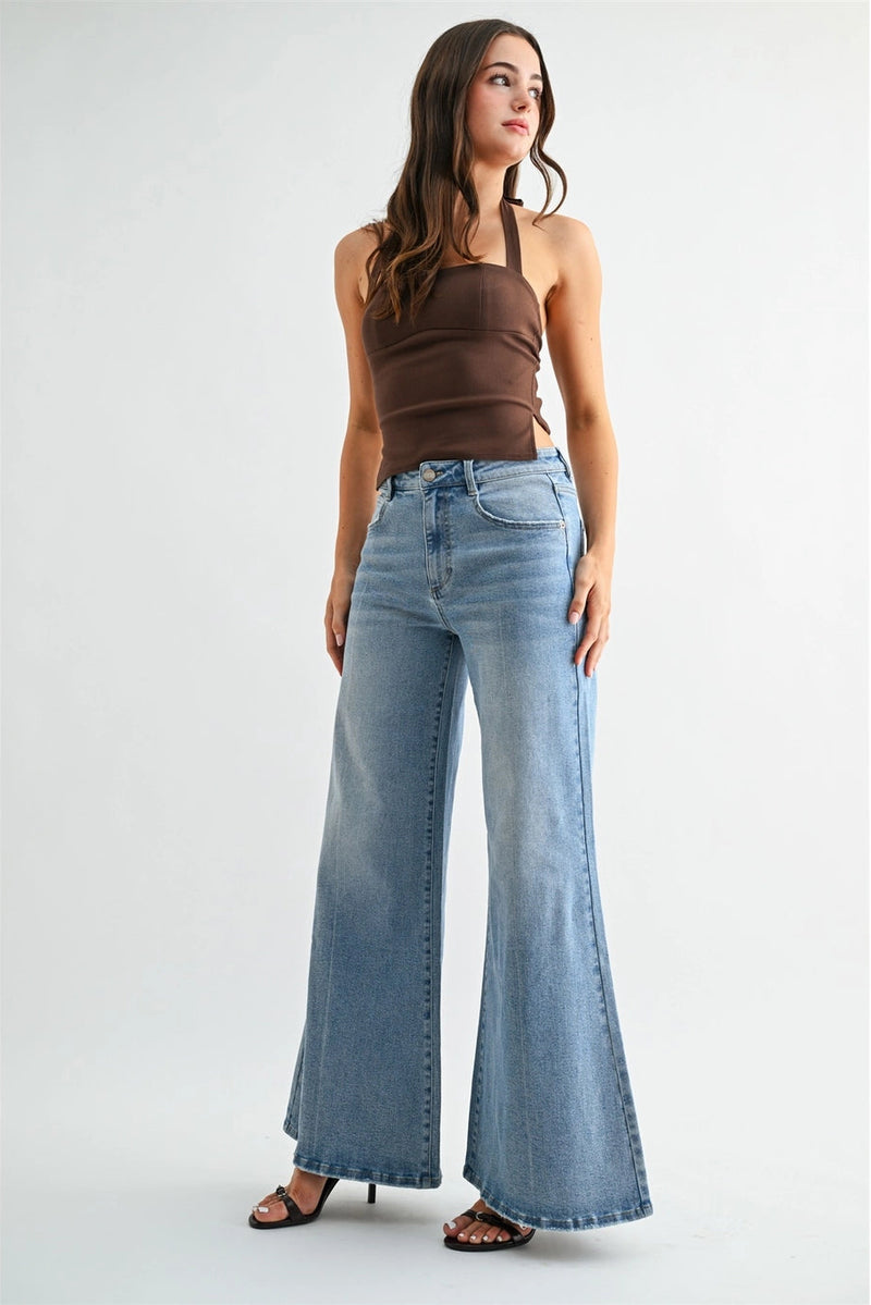 High Rise Wide Leg Light Wash Flare Jeans by Mica Denim – Modern