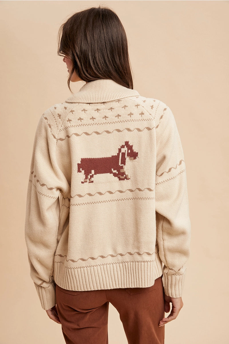 Dachshund Zip Front Cardigan in Ivory