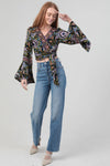 Wrap Top in Black and Lavender with Bell Sleeves by Angie