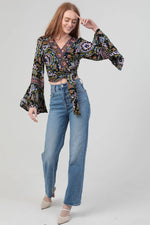 Wrap Top in Black and Lavender with Bell Sleeves by Angie