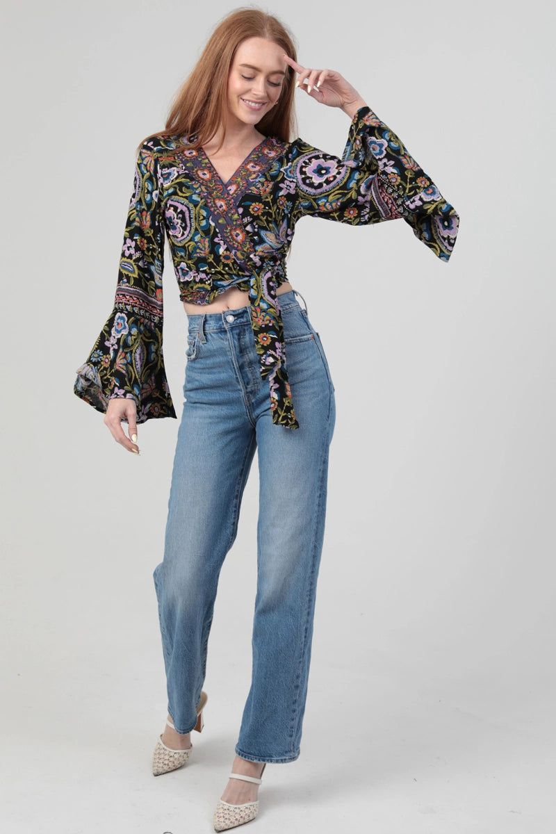 Wrap Top in Black and Lavender with Bell Sleeves by Angie