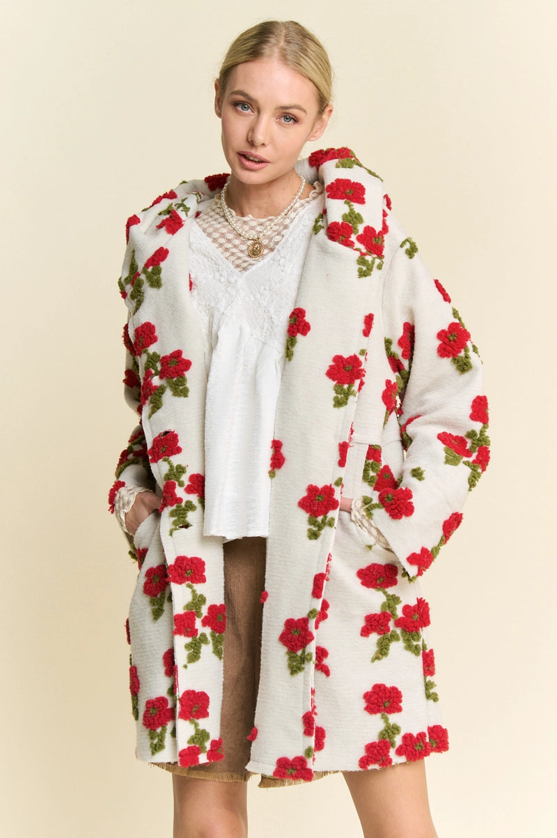Ivory Hoodie Jacket with Red Flowers