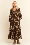 Brown Floral Long Sleeve Midi Dress