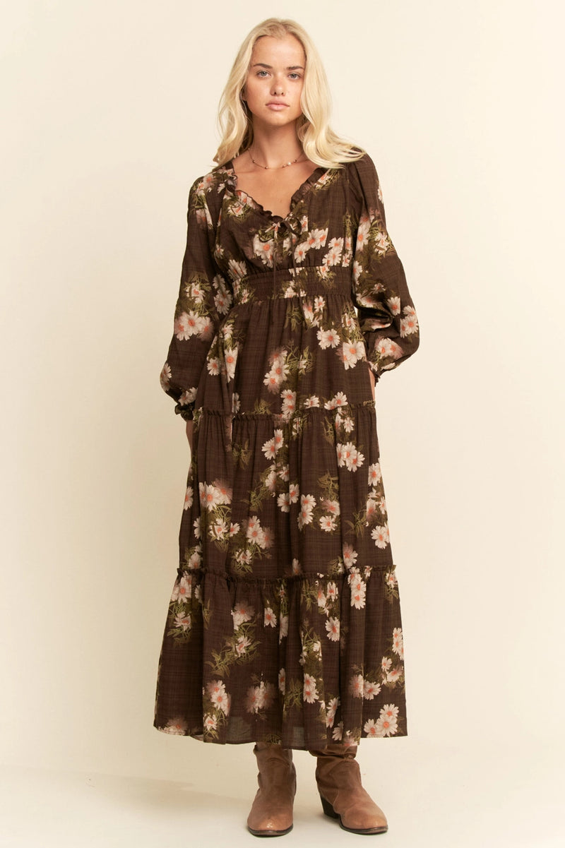 Brown Floral Long Sleeve Midi Dress