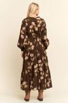 Brown Floral Long Sleeve Midi Dress