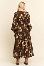 Brown Floral Long Sleeve Midi Dress