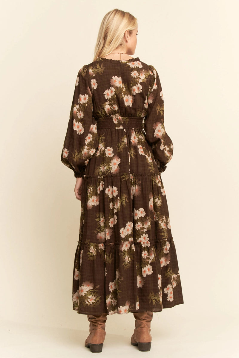 Brown Floral Long Sleeve Midi Dress