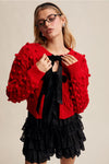 Red Pom Pom Cardigan with Black Velvet Bows