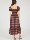 Burgundy Plaid Smocked Puff Sleeve Midi Dress