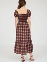 Burgundy Plaid Smocked Puff Sleeve Midi Dress