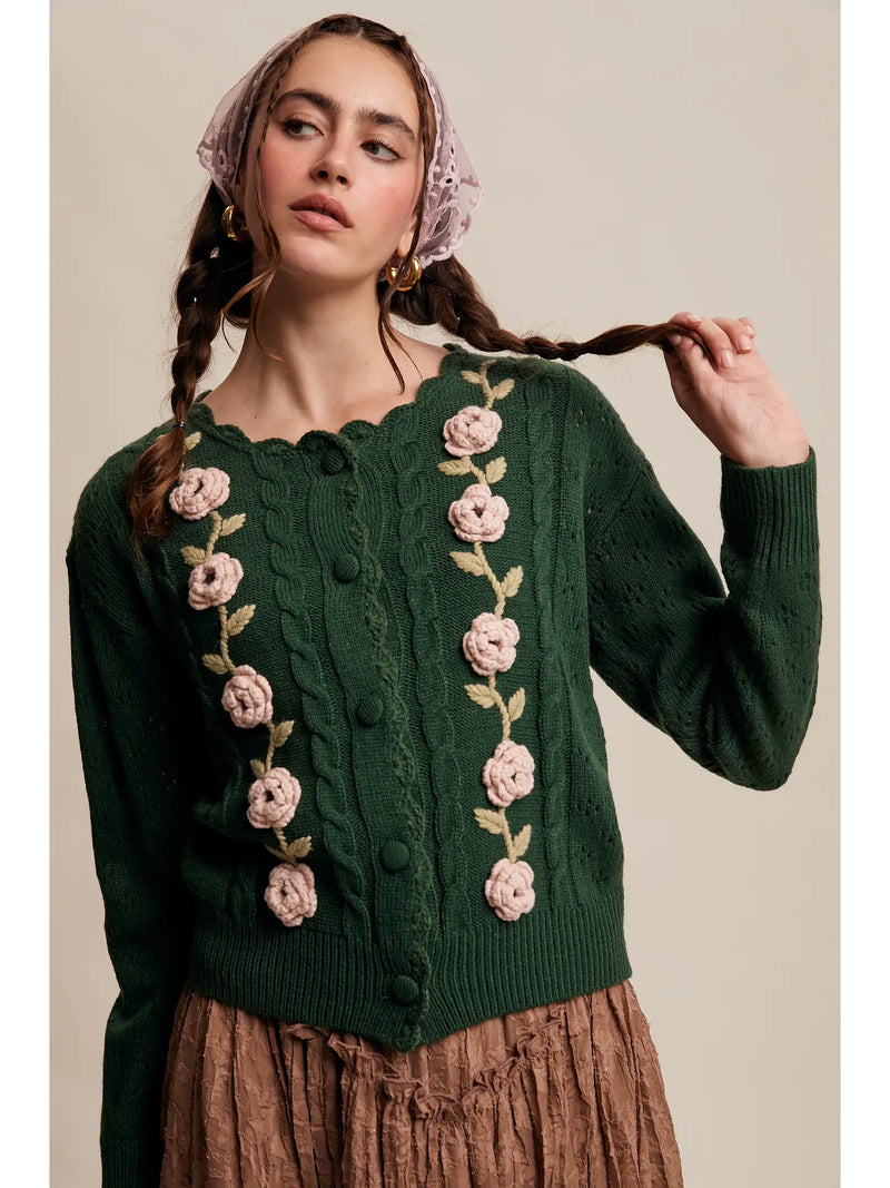 3D Flower Vine Knit Cardigan Sweater in Green