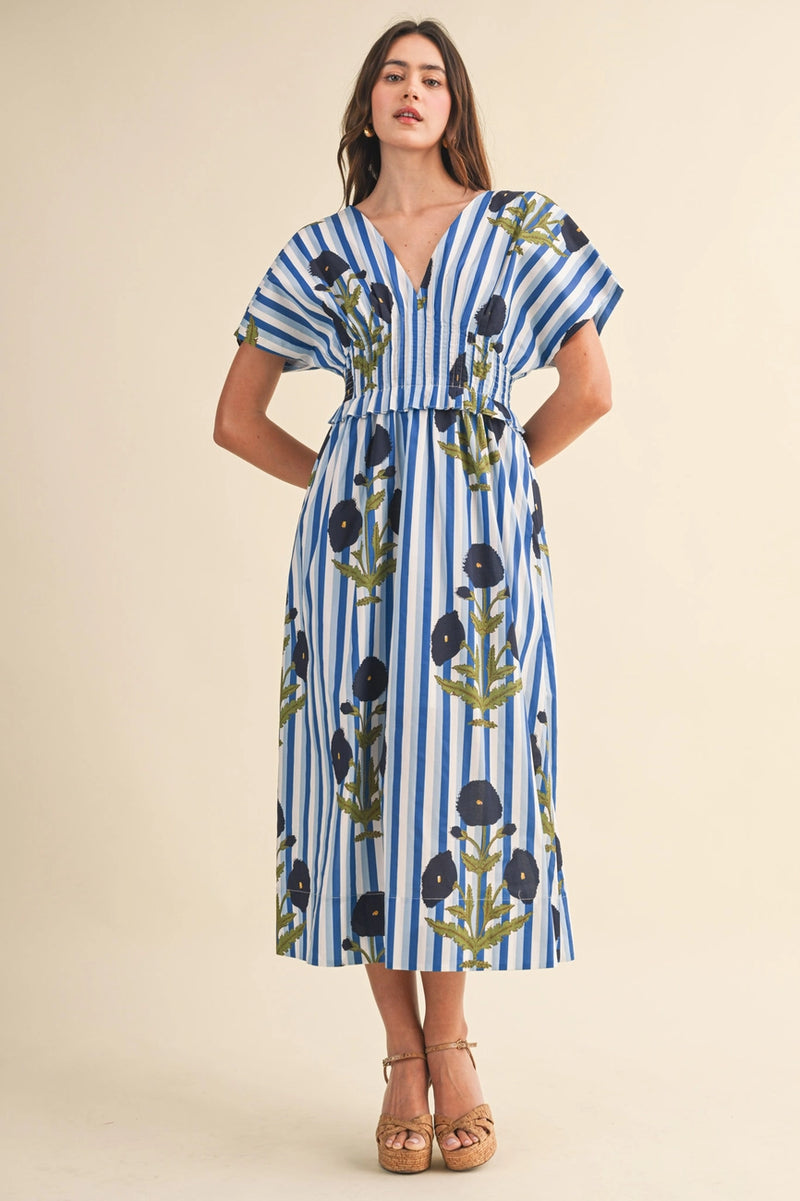 blue stripe floral embroidered starlight midi dress Floral Embroidery Stripe Midi Dress (Women)