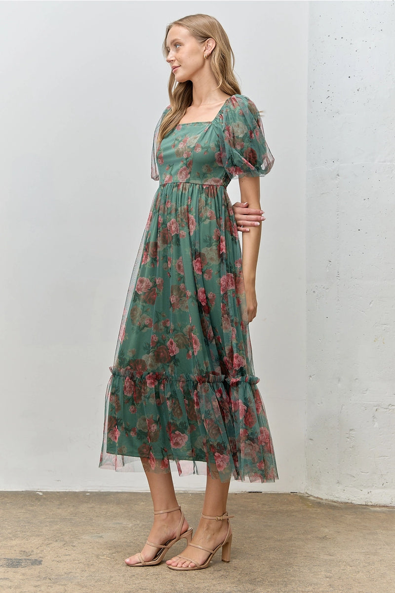 Green Floral Tulle Smocked Midi Dress